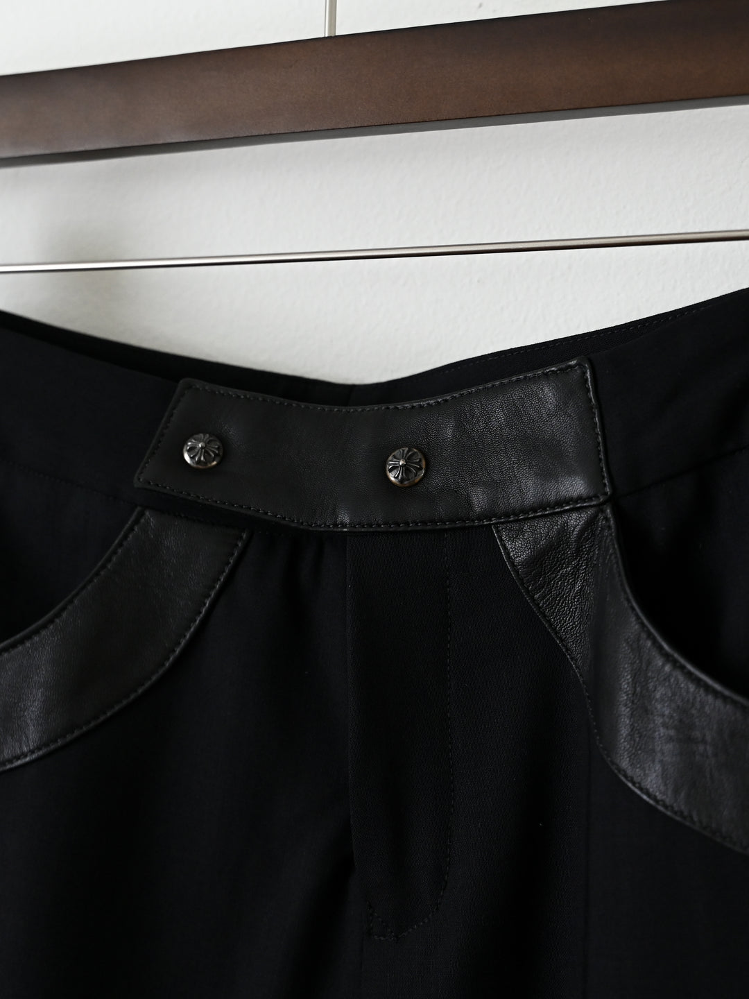 Leather Trim Wide Leg Wool Pants