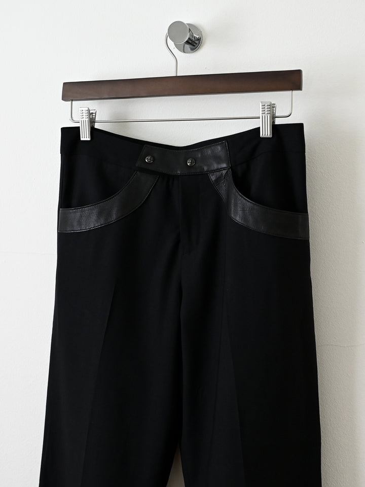 Leather Trim Wide Leg Wool Pants