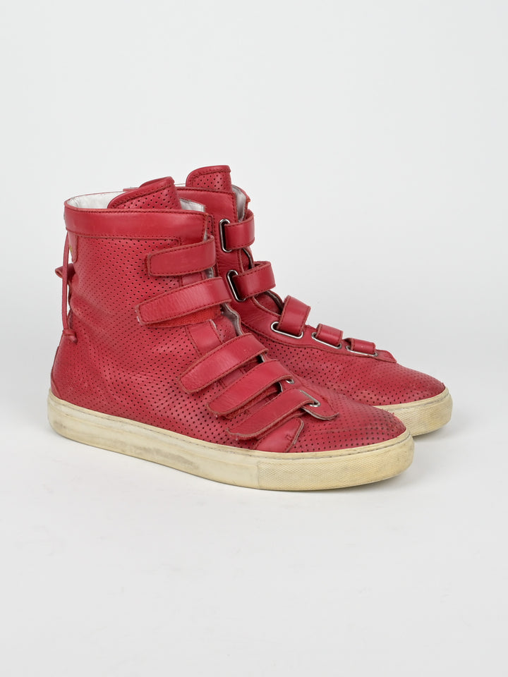 Perforated Asymmetrical Red Velcro Strap Sneakers