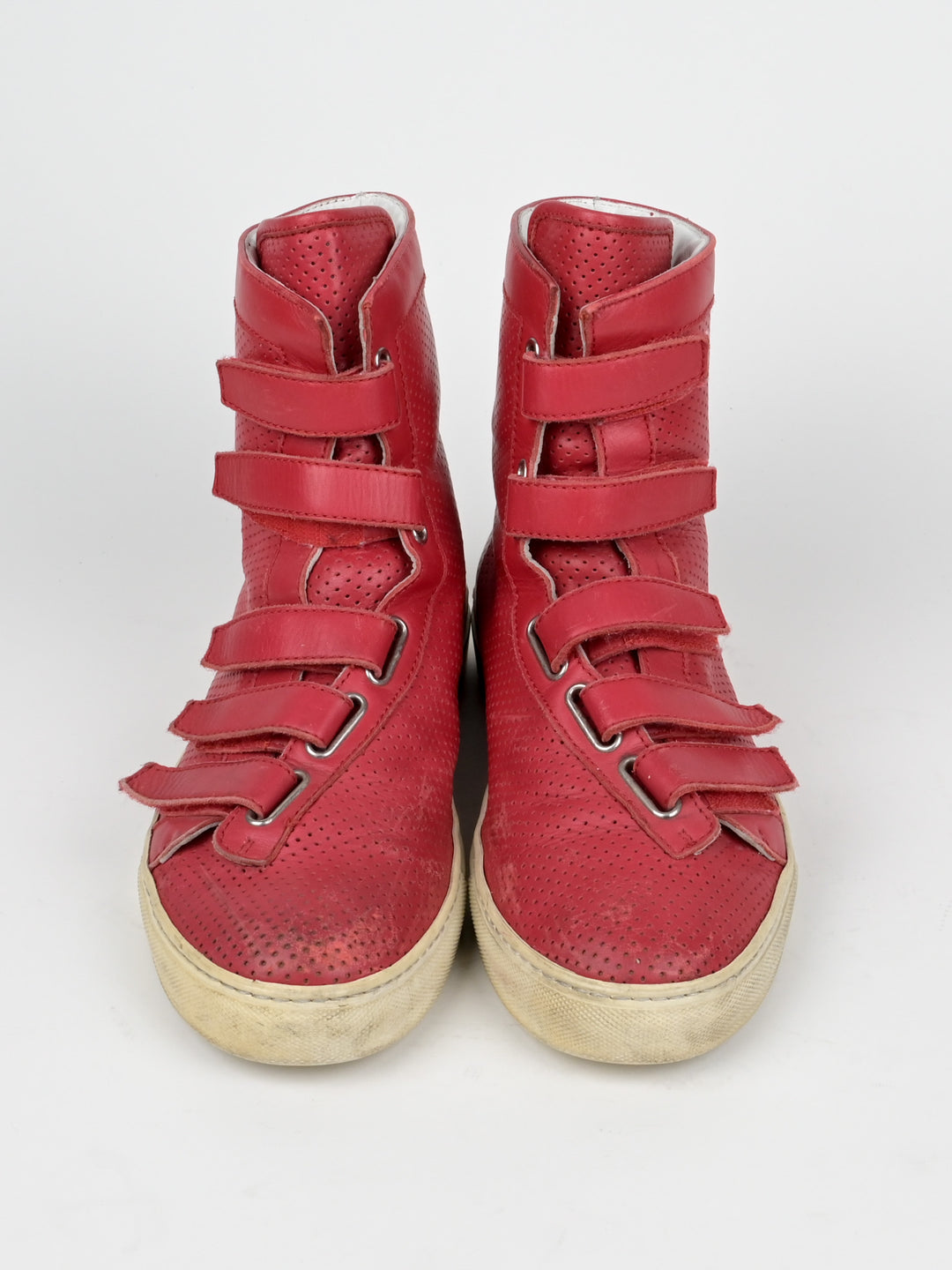Perforated Asymmetrical Red Velcro Strap Sneakers
