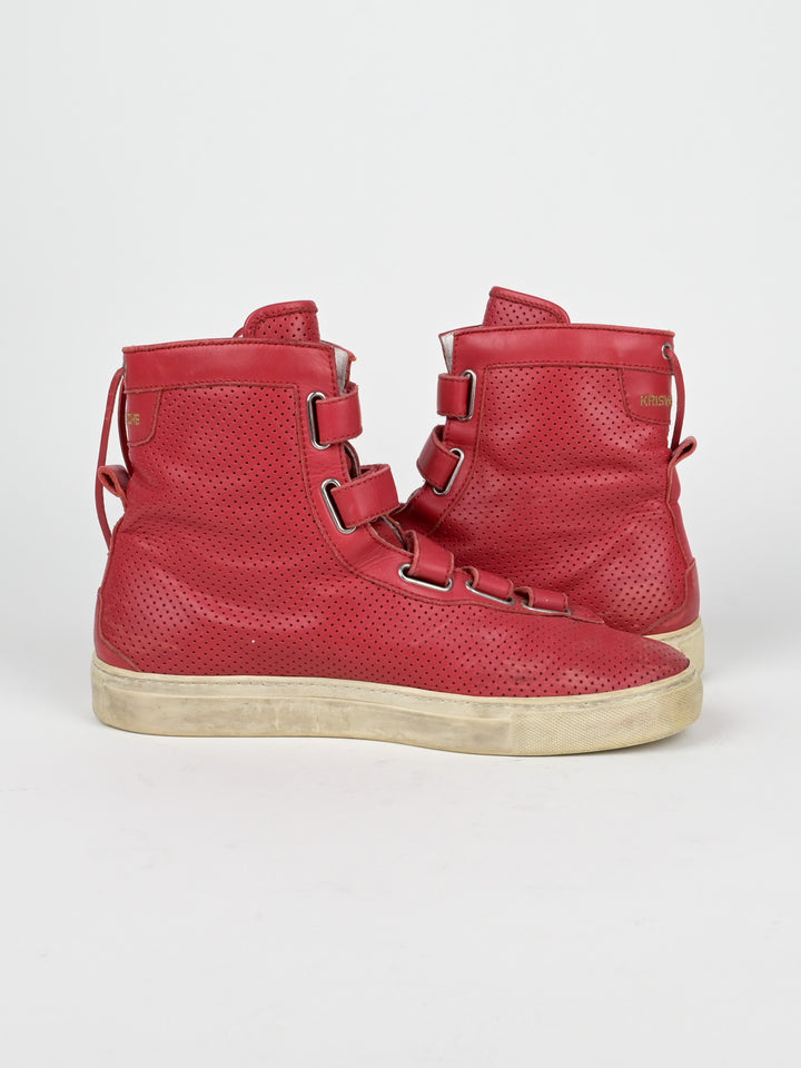 Perforated Asymmetrical Red Velcro Strap Sneakers