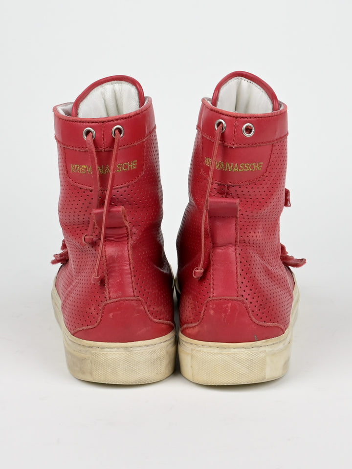 Perforated Asymmetrical Red Velcro Strap Sneakers