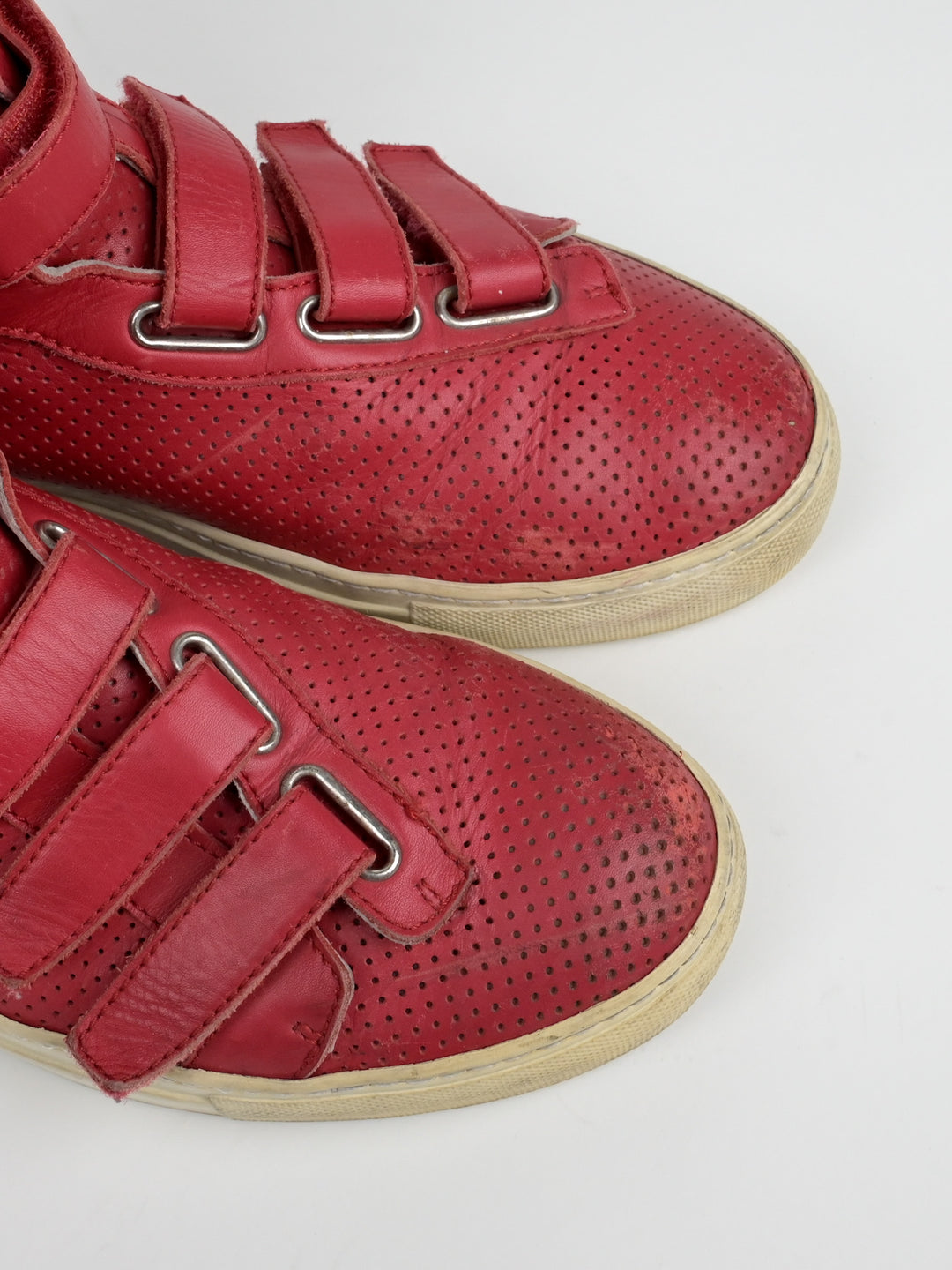 Perforated Asymmetrical Red Velcro Strap Sneakers