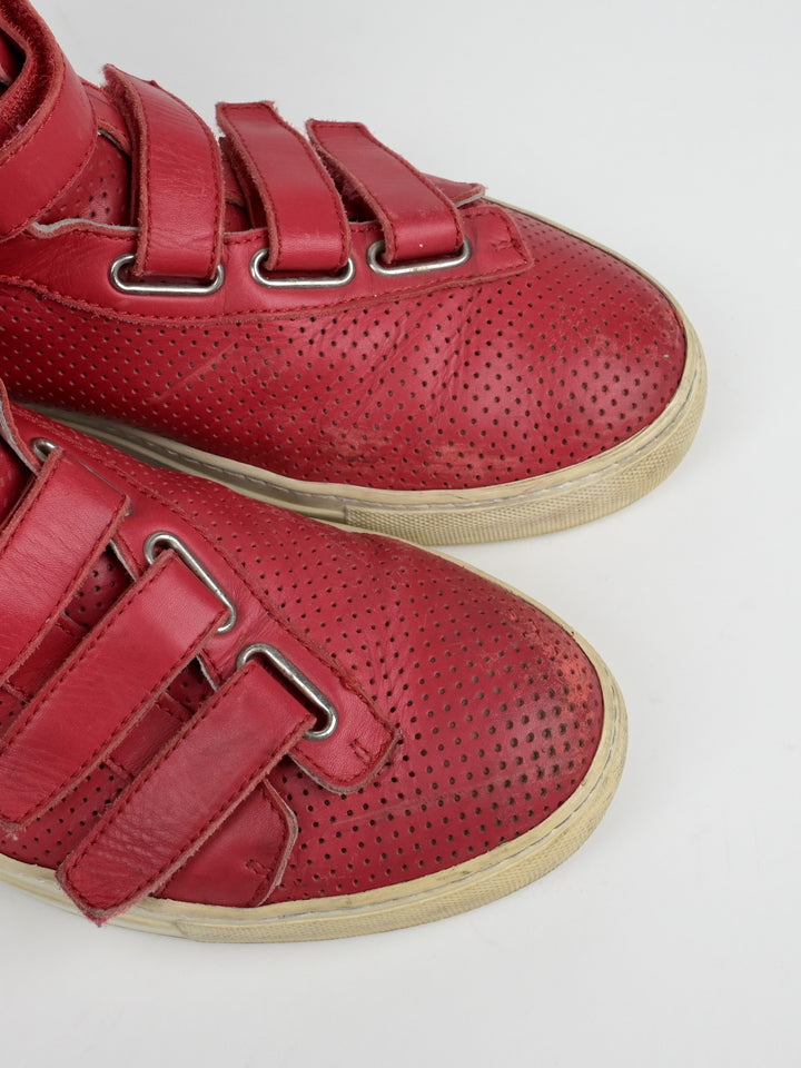 Perforated Asymmetrical Red Velcro Strap Sneakers