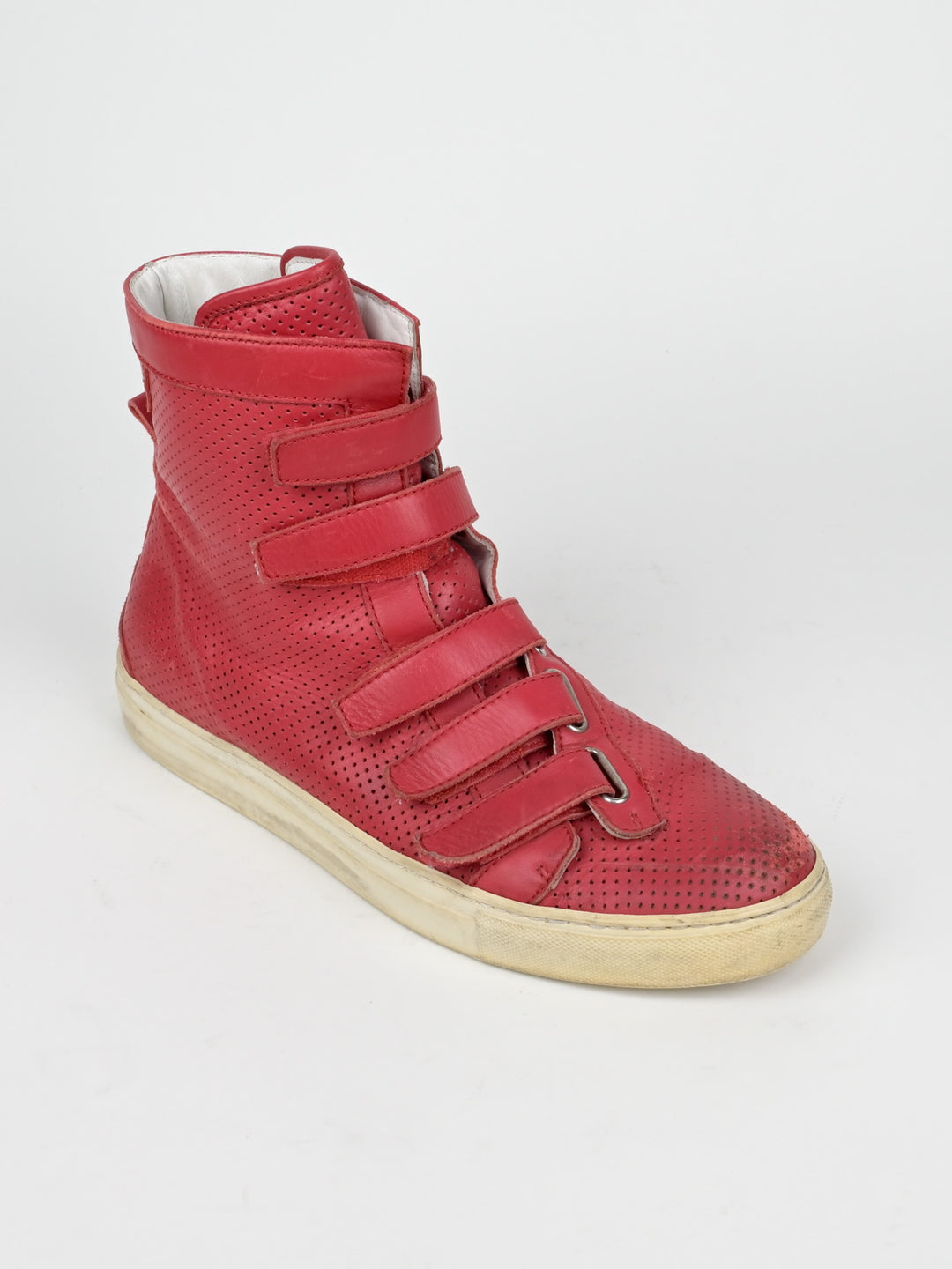 Perforated Asymmetrical Red Velcro Strap Sneakers