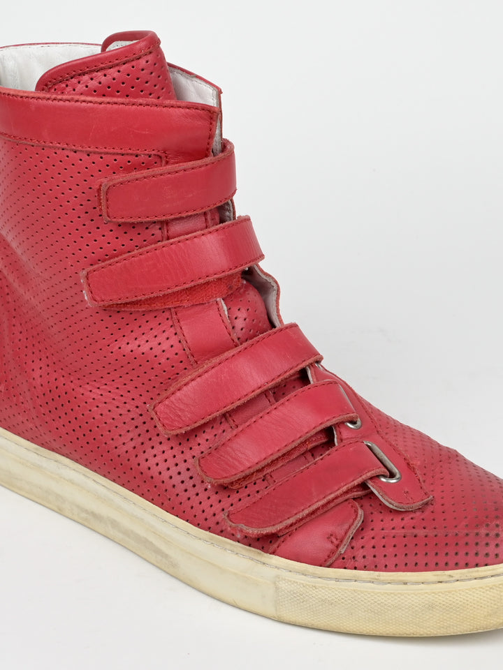 Perforated Asymmetrical Red Velcro Strap Sneakers