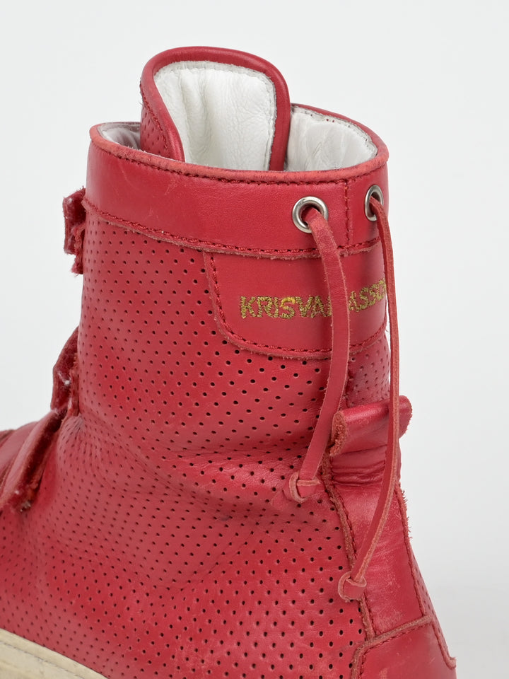 Perforated Asymmetrical Red Velcro Strap Sneakers