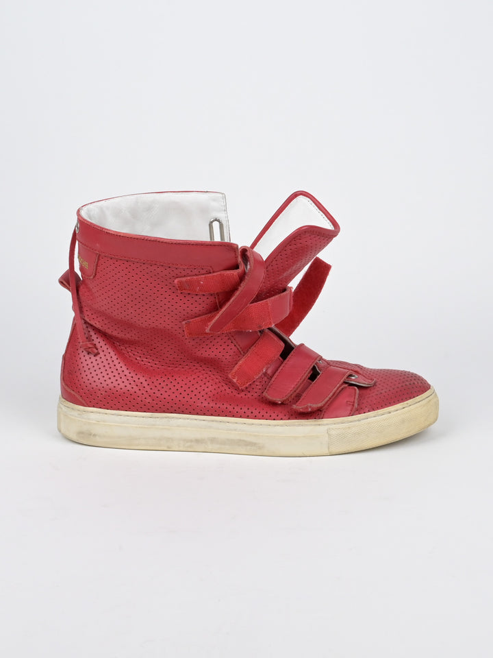 Perforated Asymmetrical Red Velcro Strap Sneakers