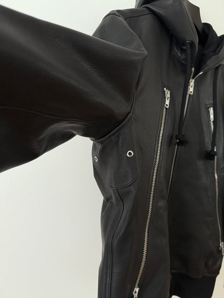 5 Zip Goat Leather Hooded Jacket