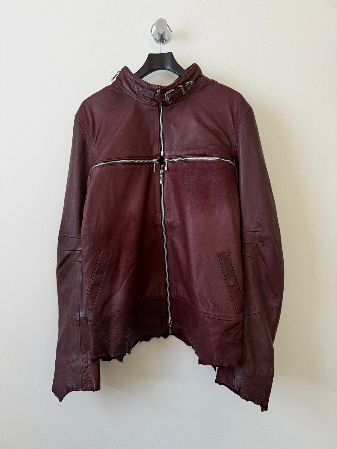 Cross Zip Leather Distressed Jacket