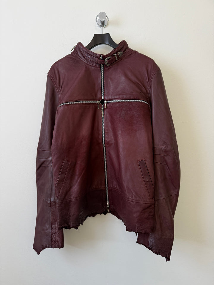 Cross Zip Leather Distressed Jacket