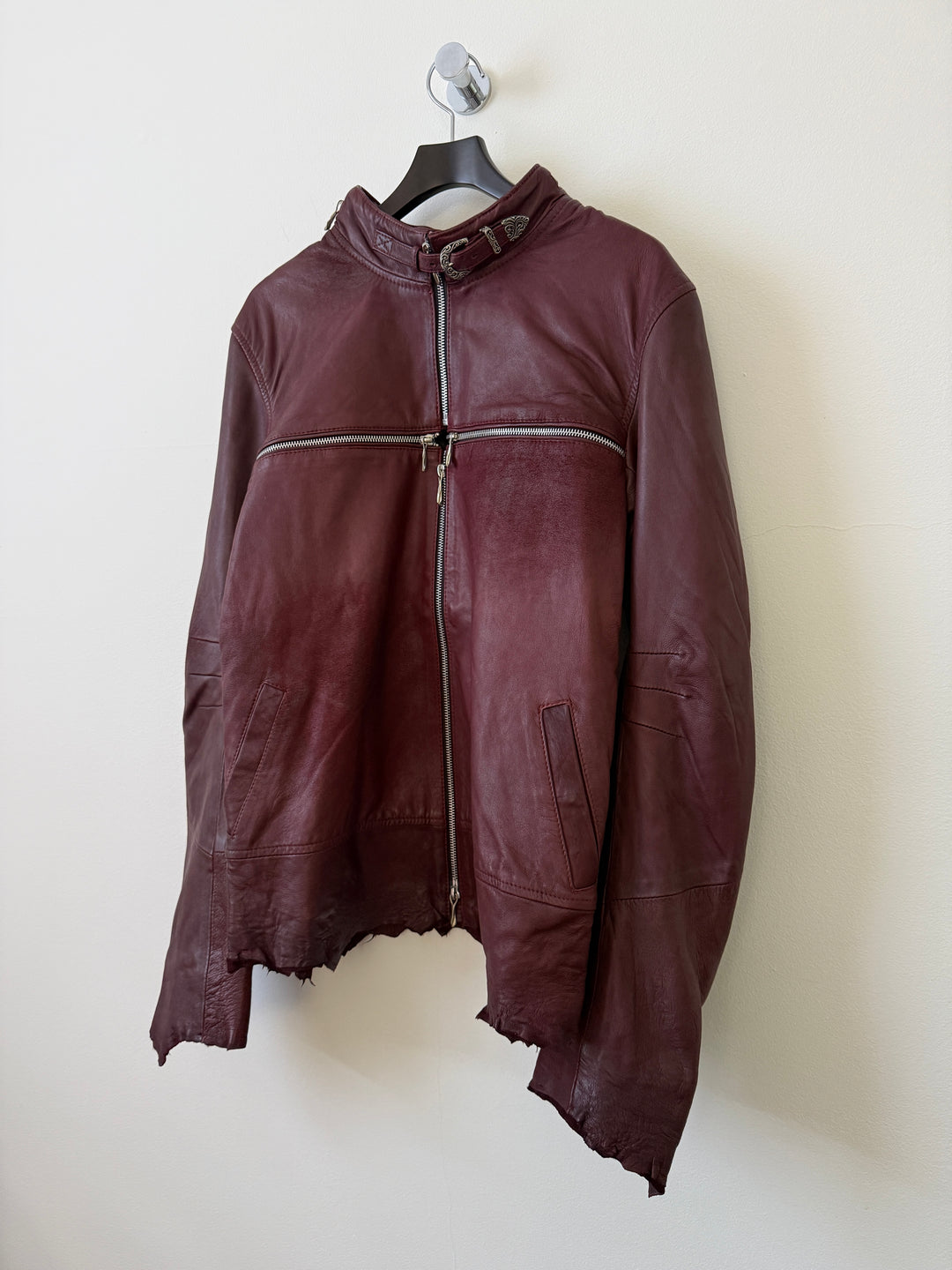 Cross Zip Leather Distressed Jacket