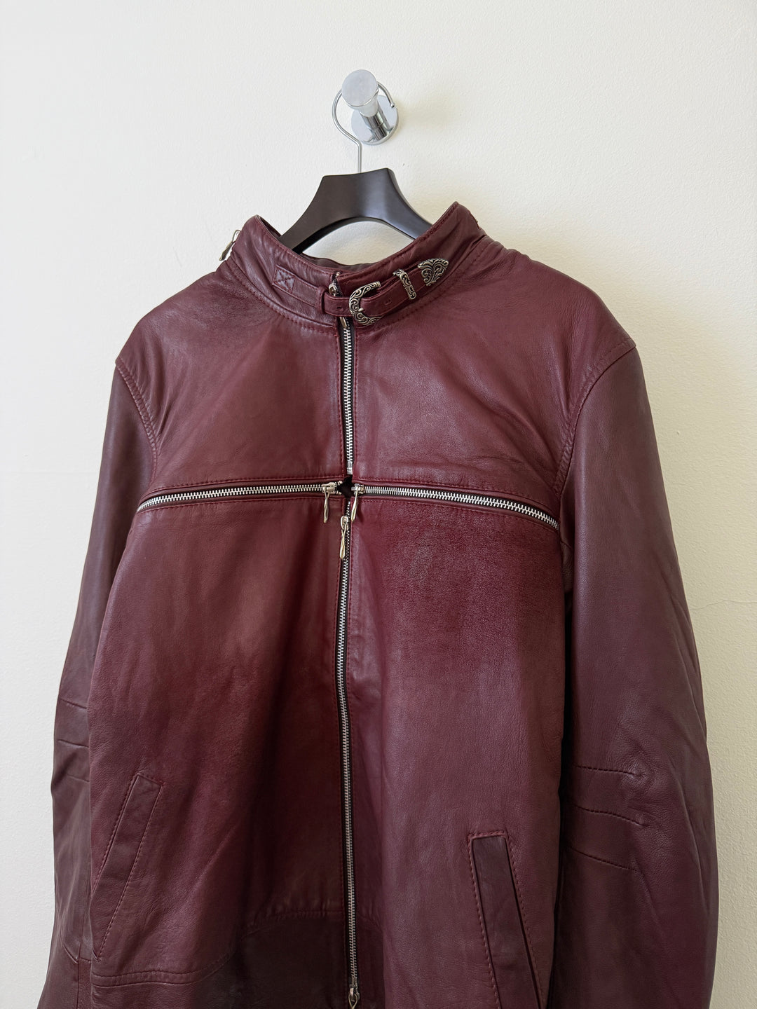 Cross Zip Leather Distressed Jacket
