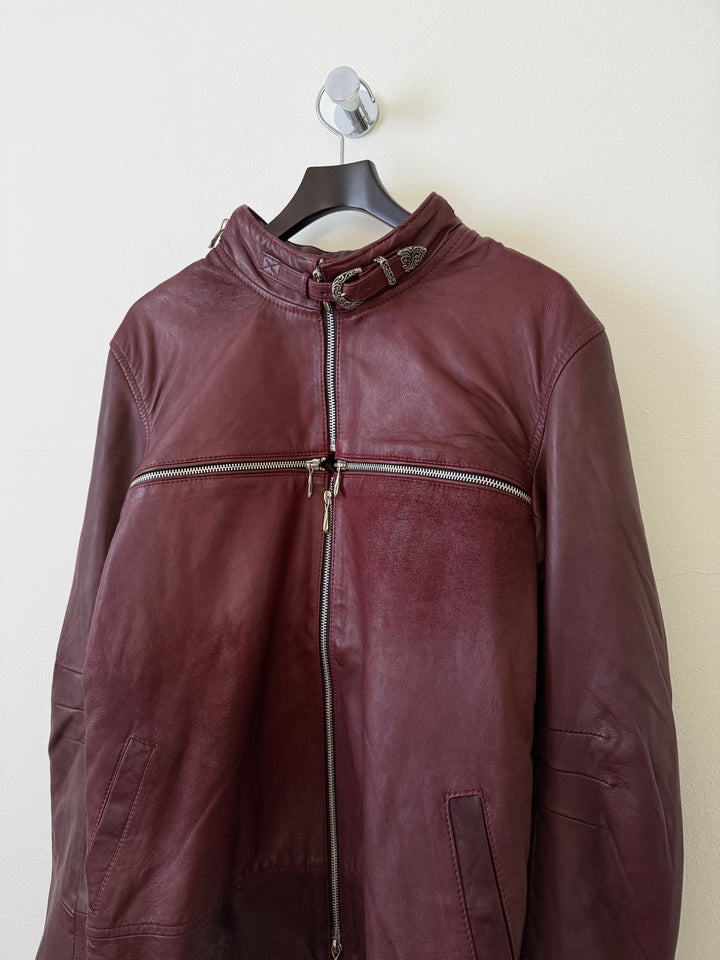 Cross Zip Leather Distressed Jacket