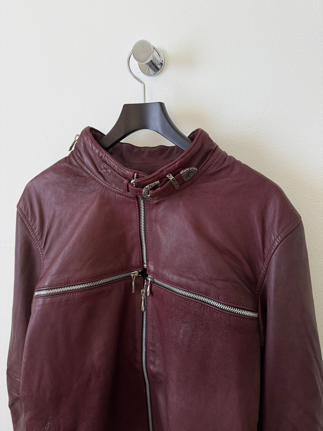 Cross Zip Leather Distressed Jacket
