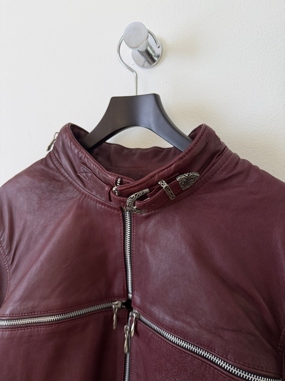 Cross Zip Leather Distressed Jacket