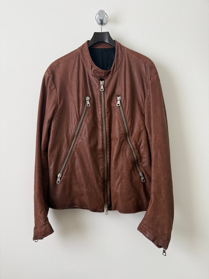 2004 Brown 5 Zip Leather Moto Jacket
