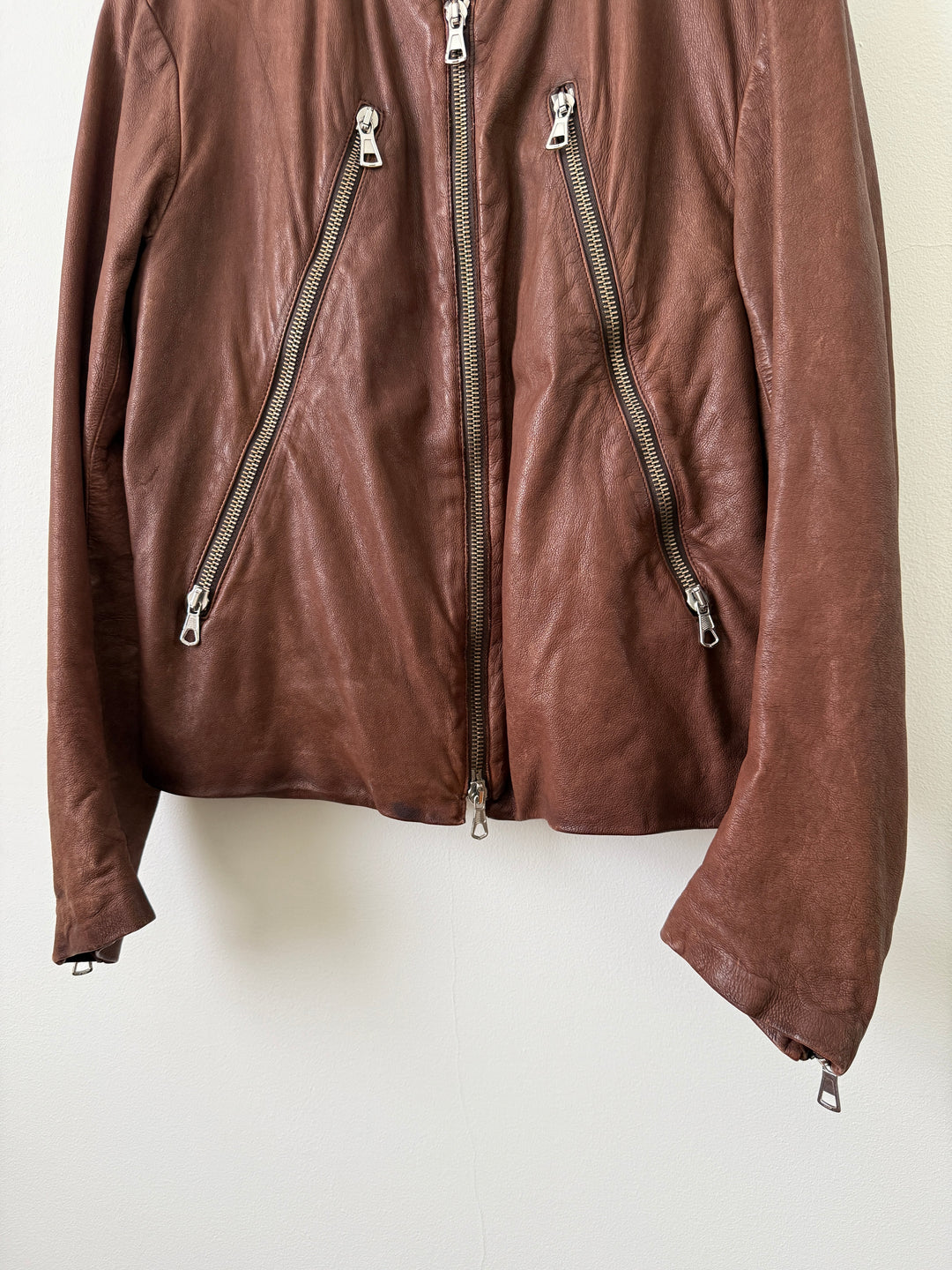 2004 Brown 5 Zip Leather Moto Jacket