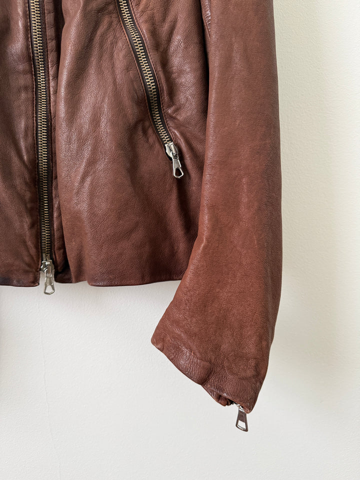 2004 Brown 5 Zip Leather Moto Jacket