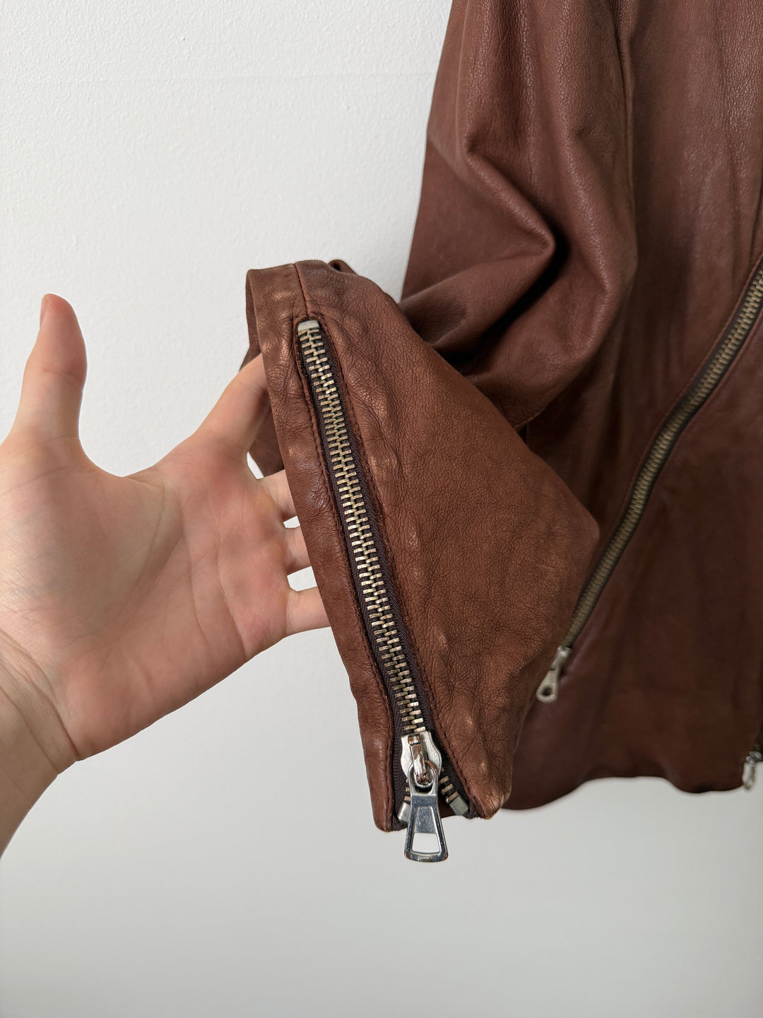 2004 Brown 5 Zip Leather Moto Jacket