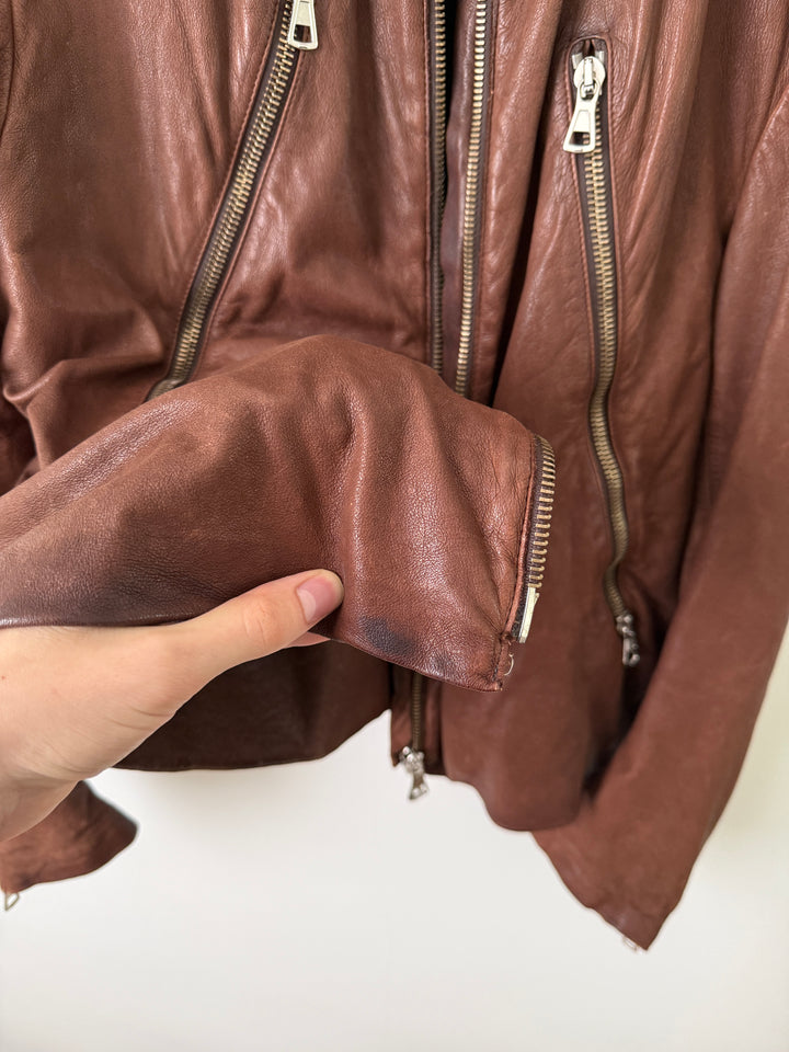 2004 Brown 5 Zip Leather Moto Jacket