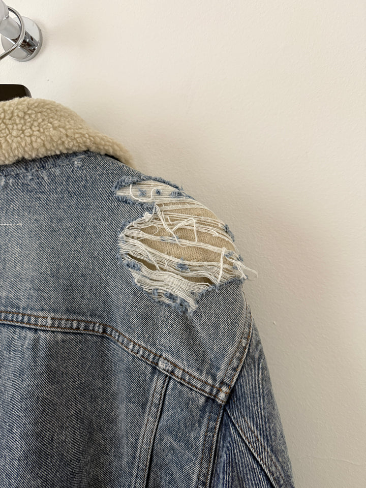 MM6 Distressed Denim Shearling Jacket