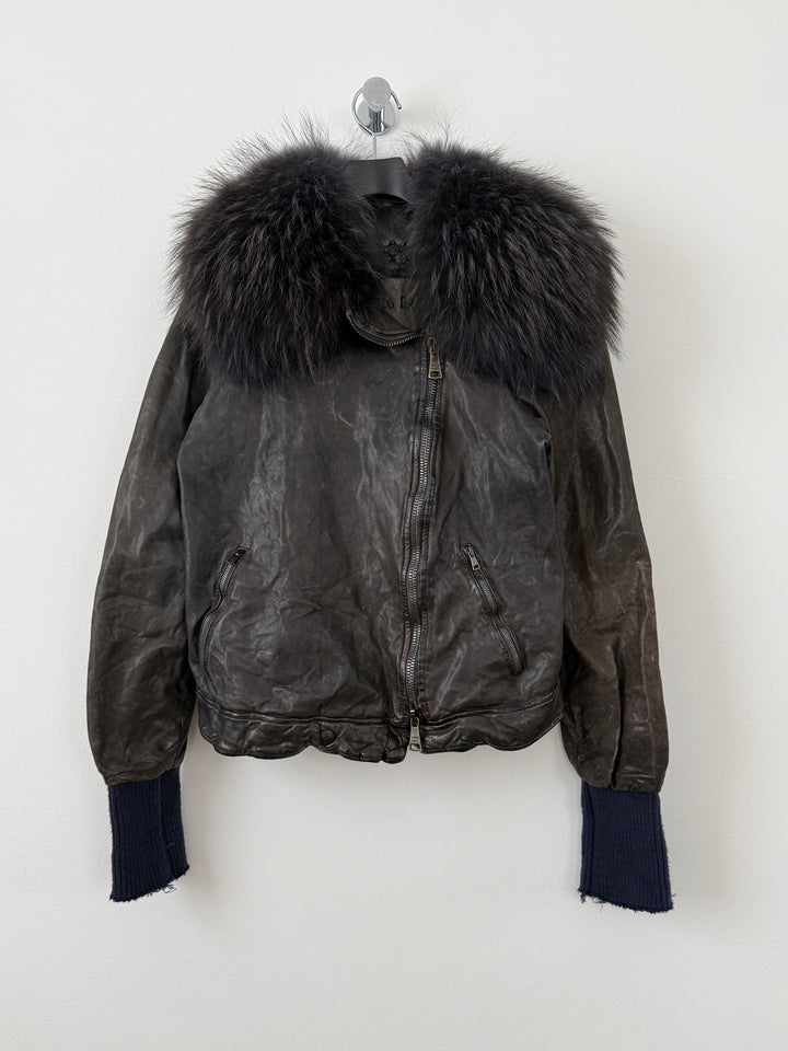 Zip Up Leather Jacket with Fur