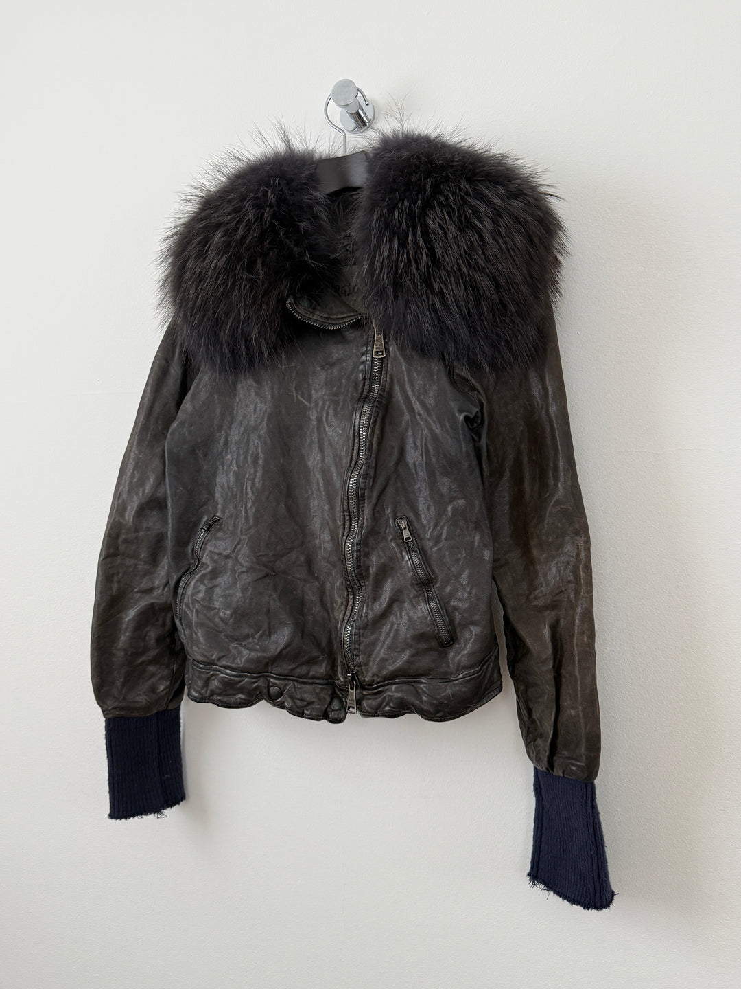 Zip Up Leather Jacket with Fur