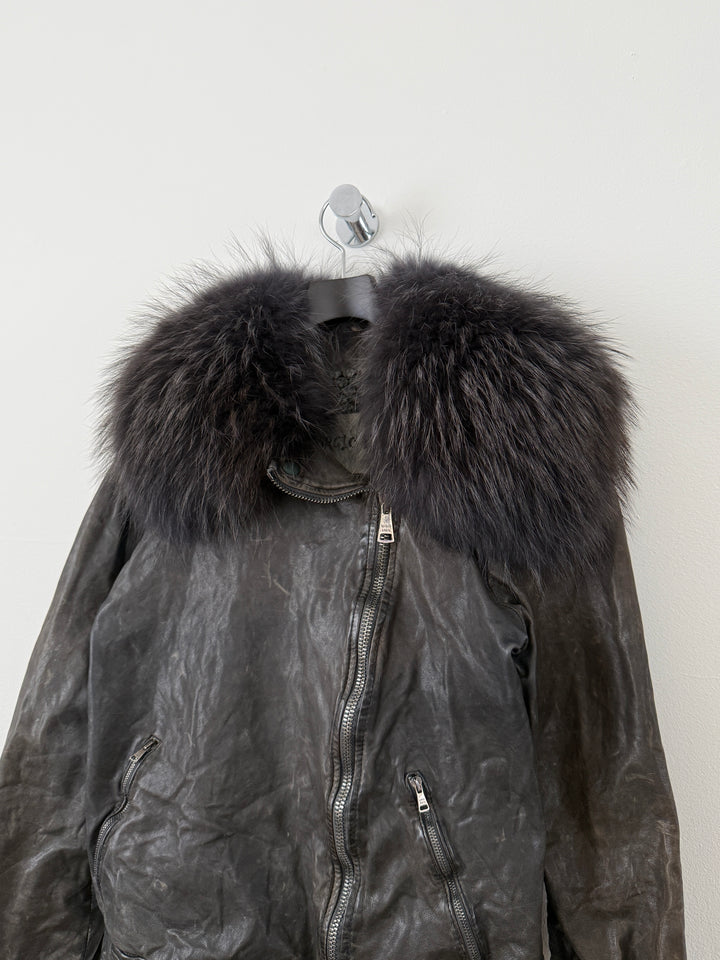 Zip Up Leather Jacket with Fur