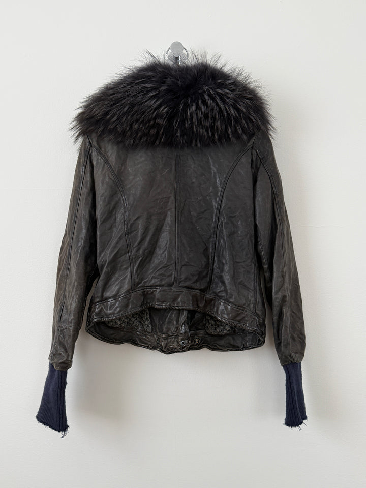 Zip Up Leather Jacket with Fur