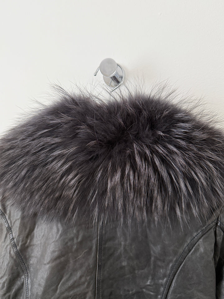 Zip Up Leather Jacket with Fur