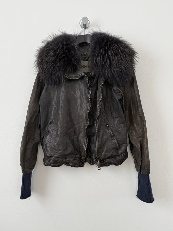 Zip Up Leather Jacket with Fur