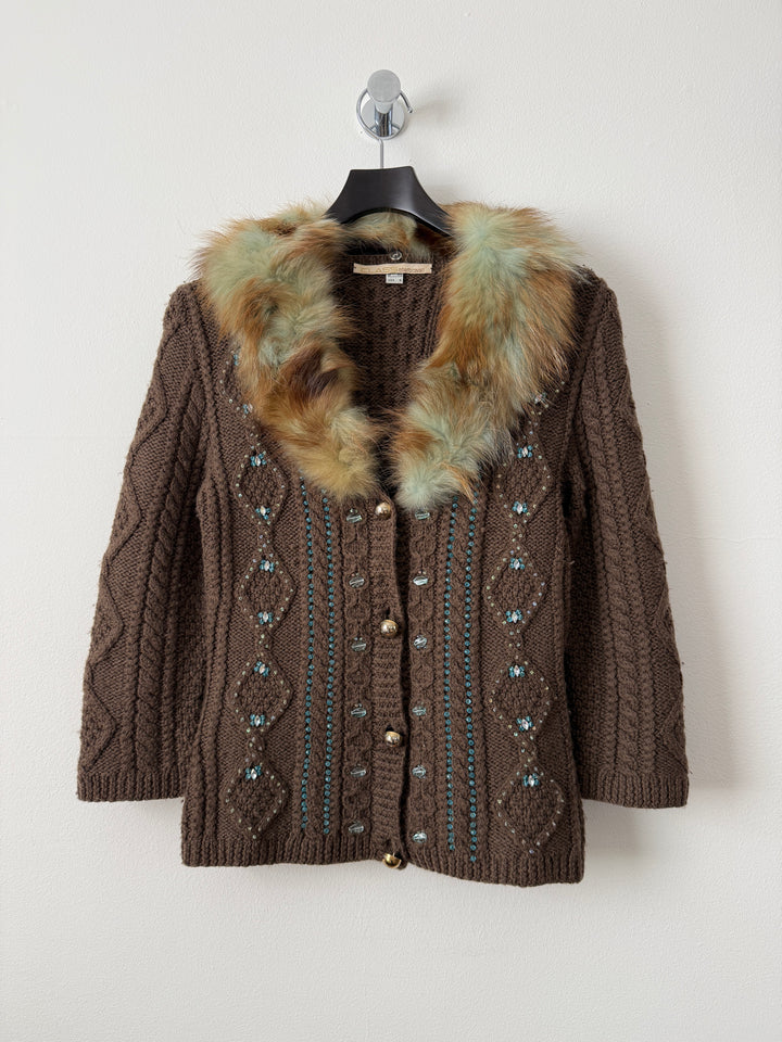 Class 2000s Fox Fur Collar Knit Cardigan Sweater