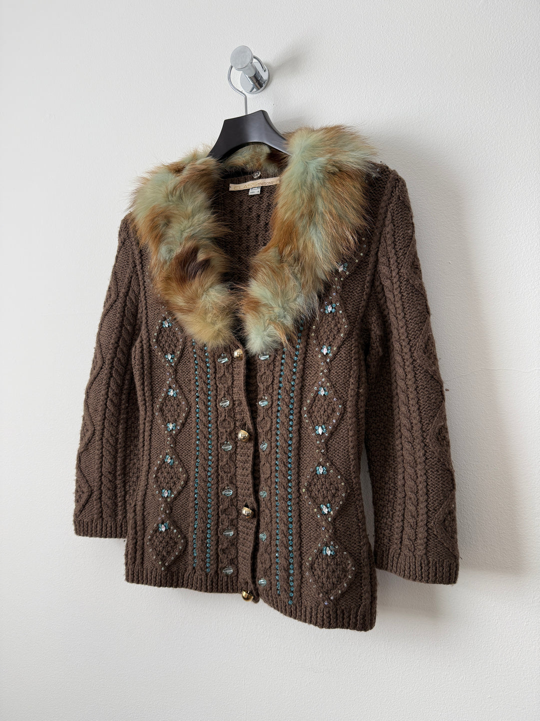 Class 2000s Fox Fur Collar Knit Cardigan Sweater