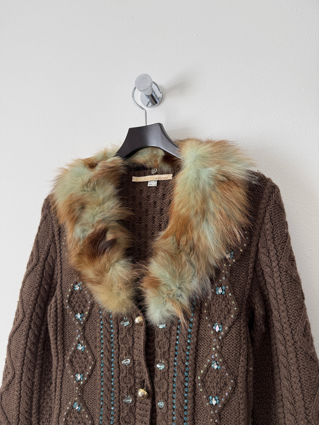 Class 2000s Fox Fur Collar Knit Cardigan Sweater