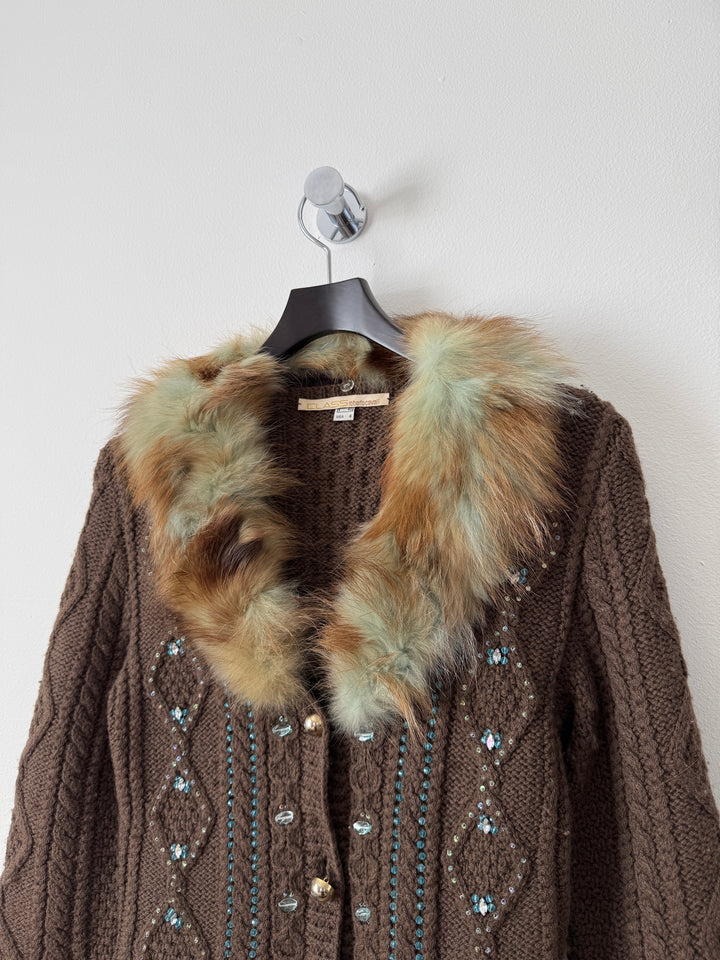 Class 2000s Fox Fur Collar Knit Cardigan Sweater