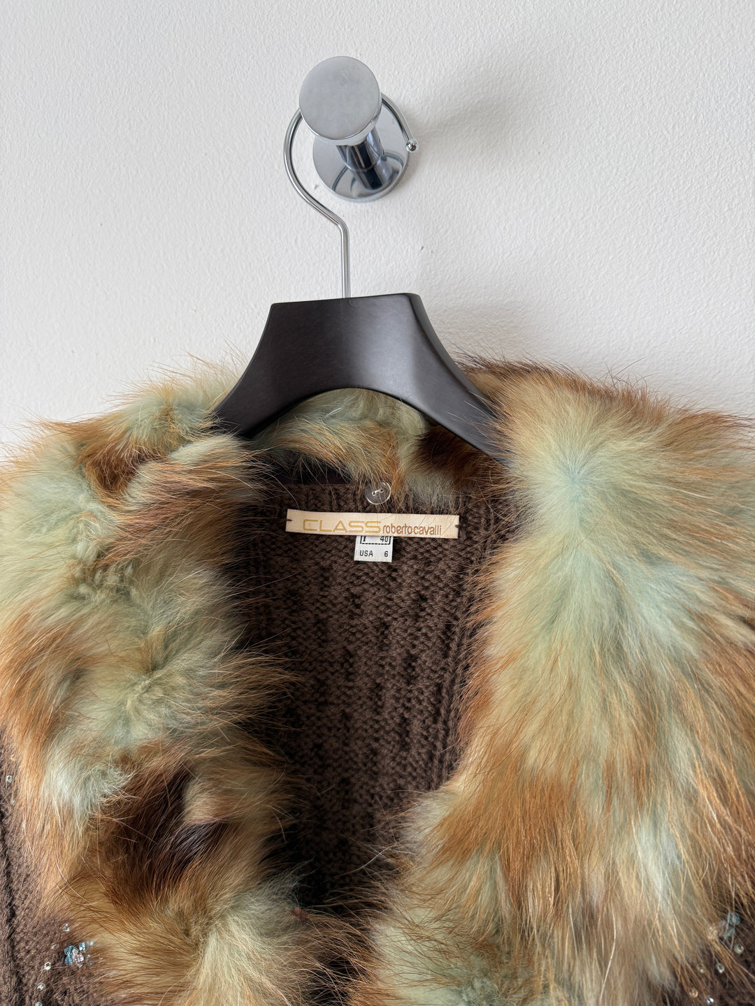 Class 2000s Fox Fur Collar Knit Cardigan Sweater