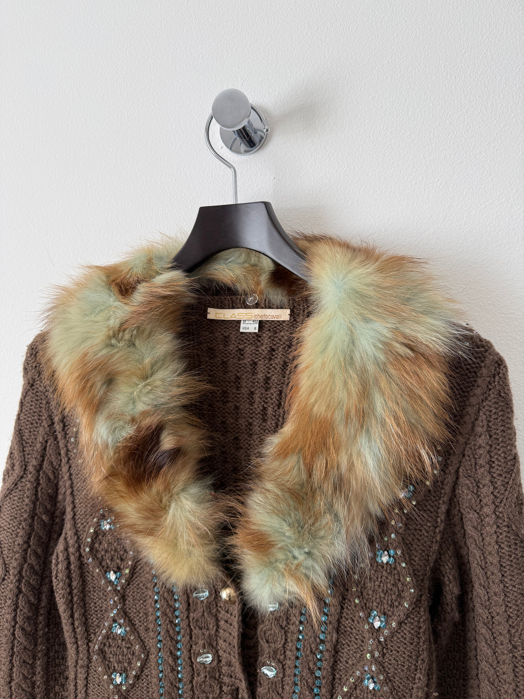 Class 2000s Fox Fur Collar Knit Cardigan Sweater
