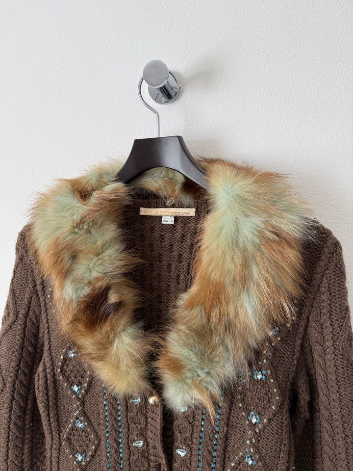 Class 2000s Fox Fur Collar Knit Cardigan Sweater