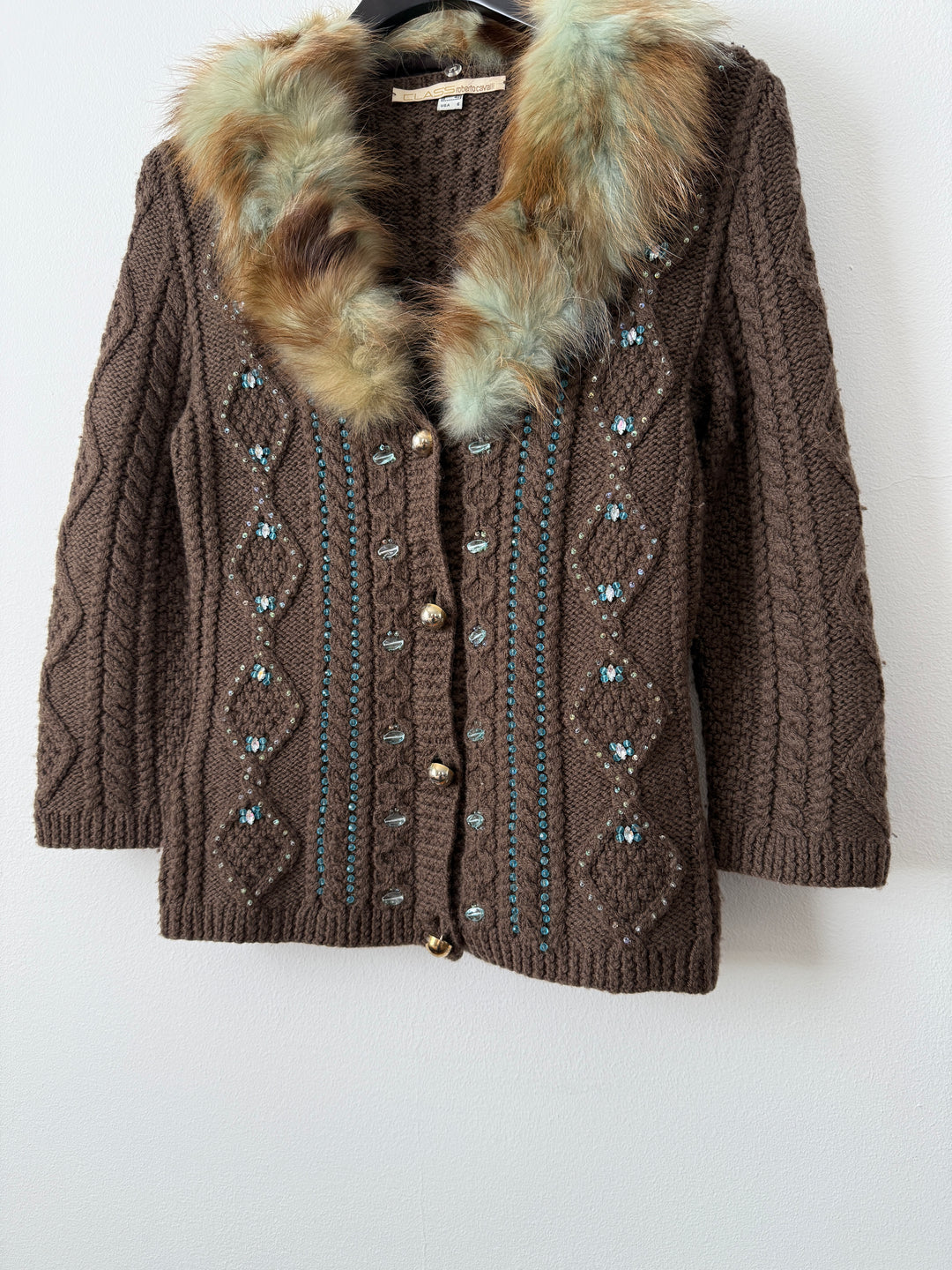 Class 2000s Fox Fur Collar Knit Cardigan Sweater