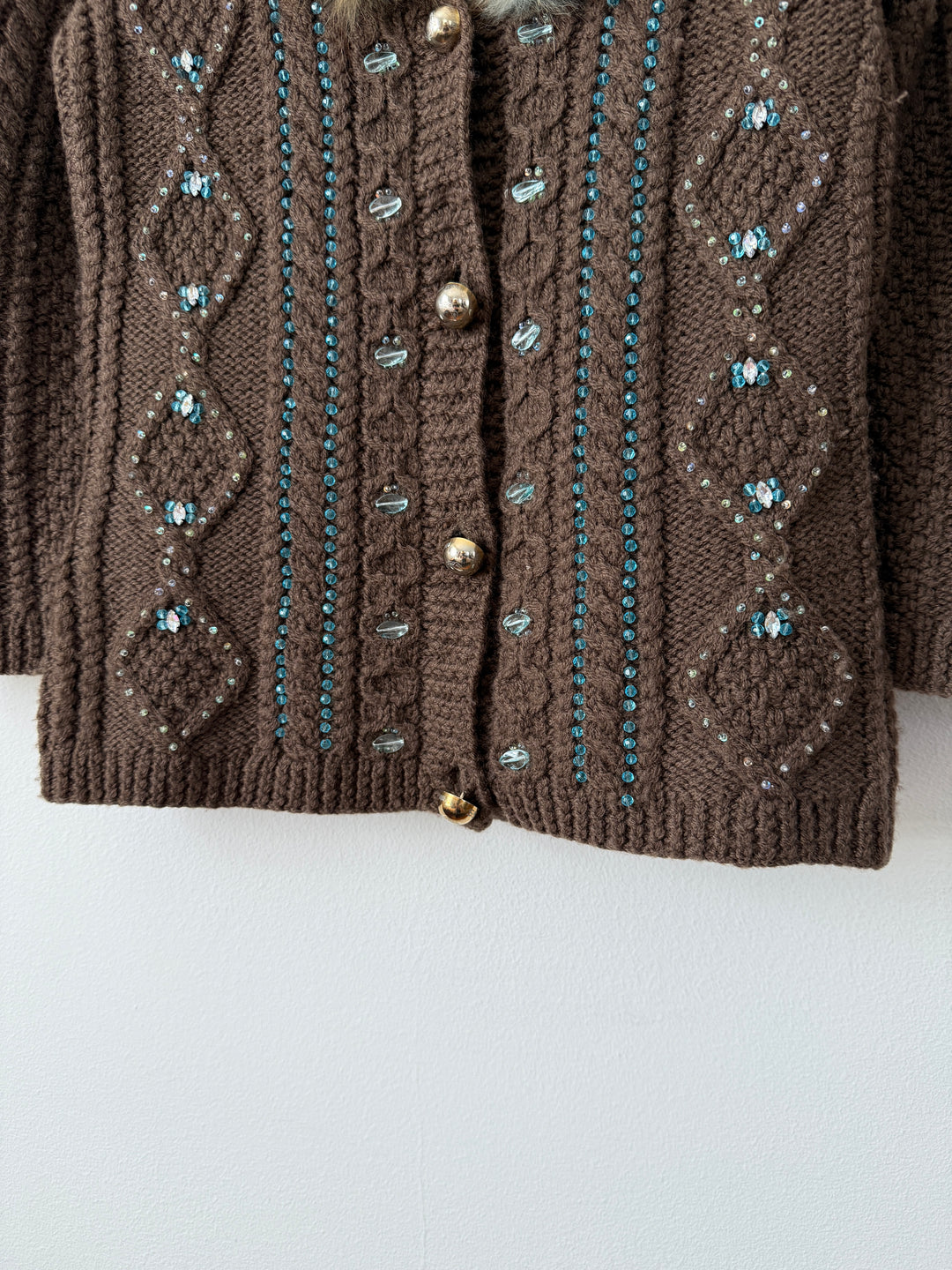 Class 2000s Fox Fur Collar Knit Cardigan Sweater