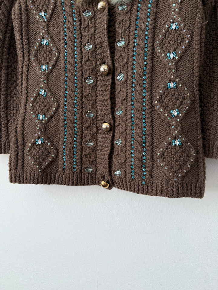 Class 2000s Fox Fur Collar Knit Cardigan Sweater