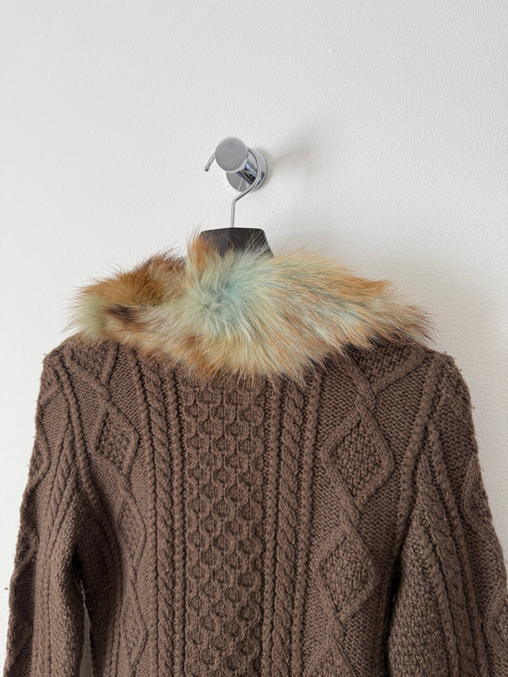 Class 2000s Fox Fur Collar Knit Cardigan Sweater