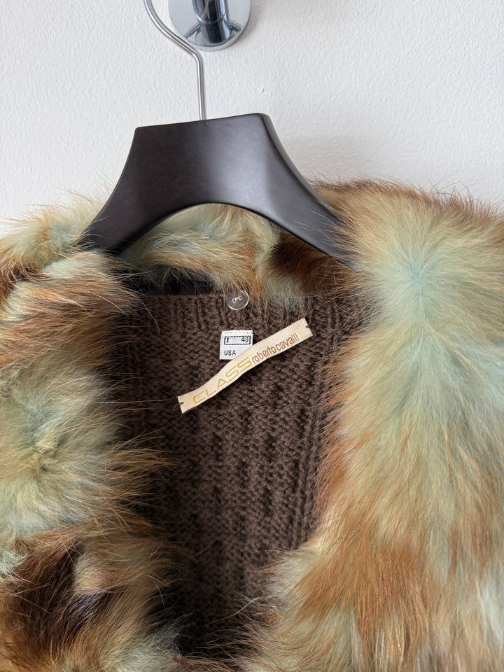 Class 2000s Fox Fur Collar Knit Cardigan Sweater