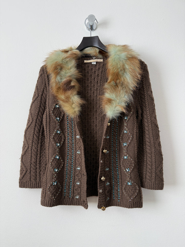 Class 2000s Fox Fur Collar Knit Cardigan Sweater
