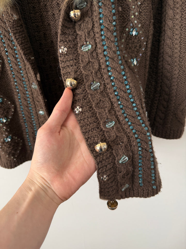 Class 2000s Fox Fur Collar Knit Cardigan Sweater
