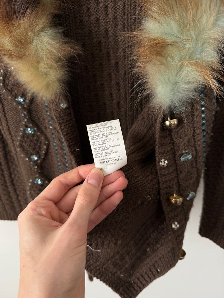 Class 2000s Fox Fur Collar Knit Cardigan Sweater