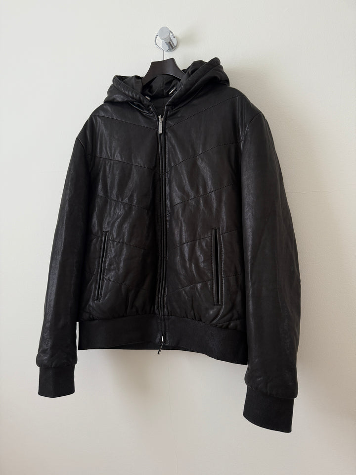 Lamb Leather Hooded Bomber Moto Jacket