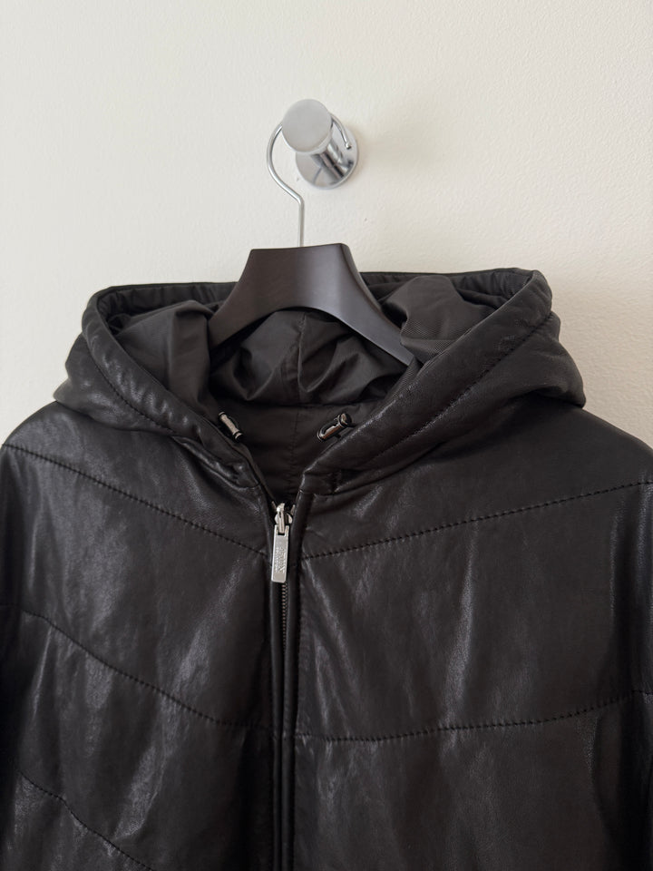 Lamb Leather Hooded Bomber Moto Jacket