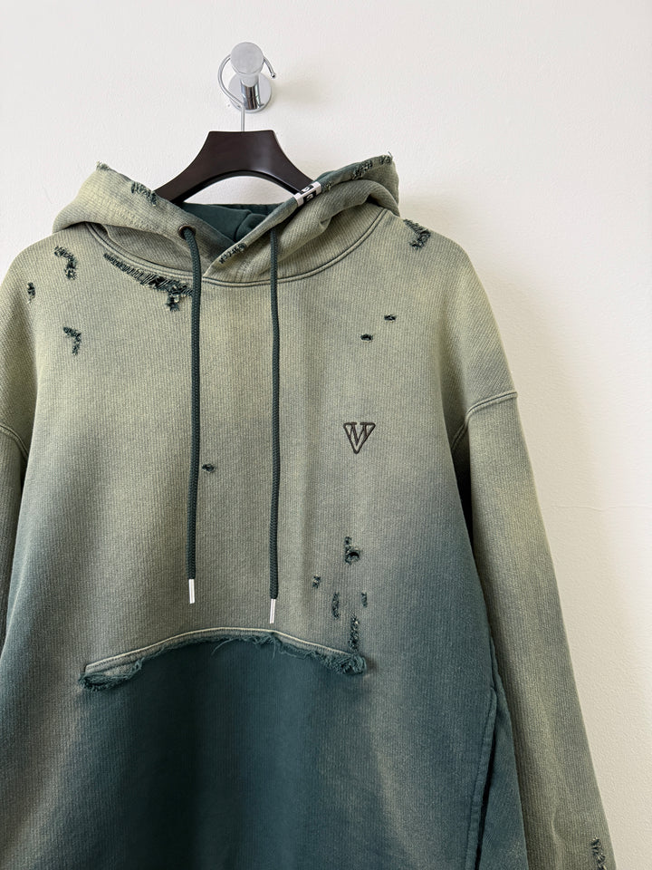 Green Sun Faded Distressed Pullover Hoodie